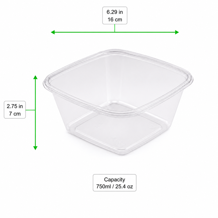 100pcs - Saladier carré "Pyramide" en PET transparent sans couvercle - 750 ml - 16 cm x 16 cm x 7 cm