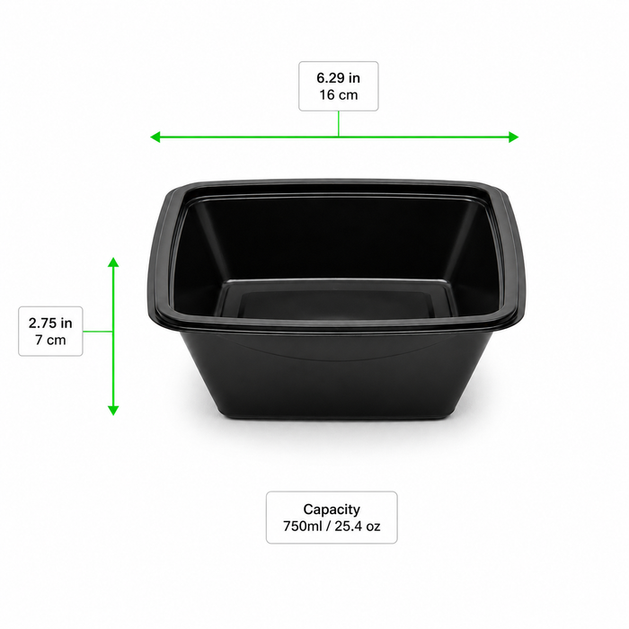 100pcs - 750ml 16x16x7cm - Saladier carré "Pyramide" en PET noir sans couvercle