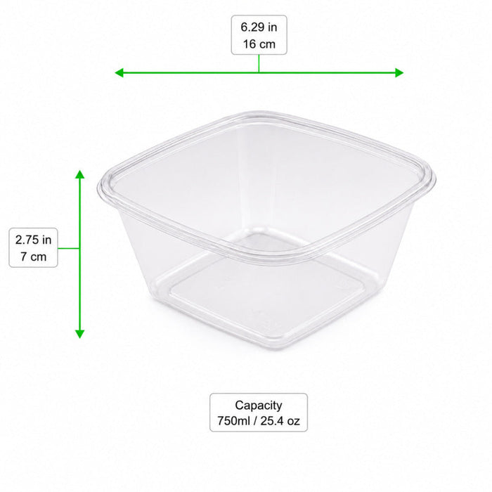 300pcs - Saladier carré plat en PET transparent sans couvercle - 750 ml - 19 cm x 19 cm x 4,5 cm