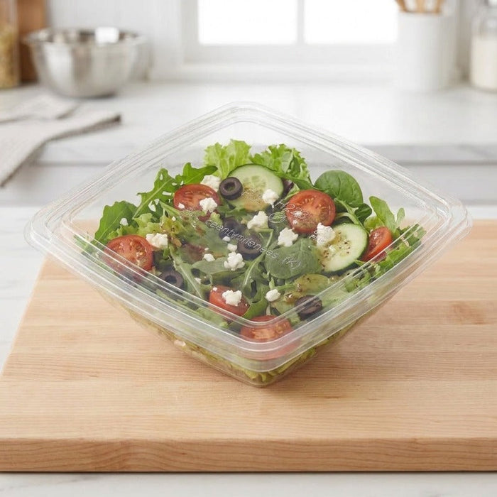 300pcs - Saladier carré plat en PET transparent sans couvercle - 750 ml - 19,5 cm x 19,5 cm x 4,6 cm