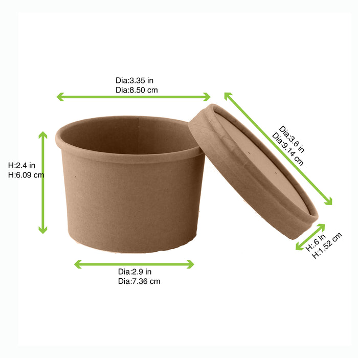 25pcs - Pot carton kraft brun chaud et froid avec couvercle carton - 240 ml - Ø 9 cm - H 6,1 cm