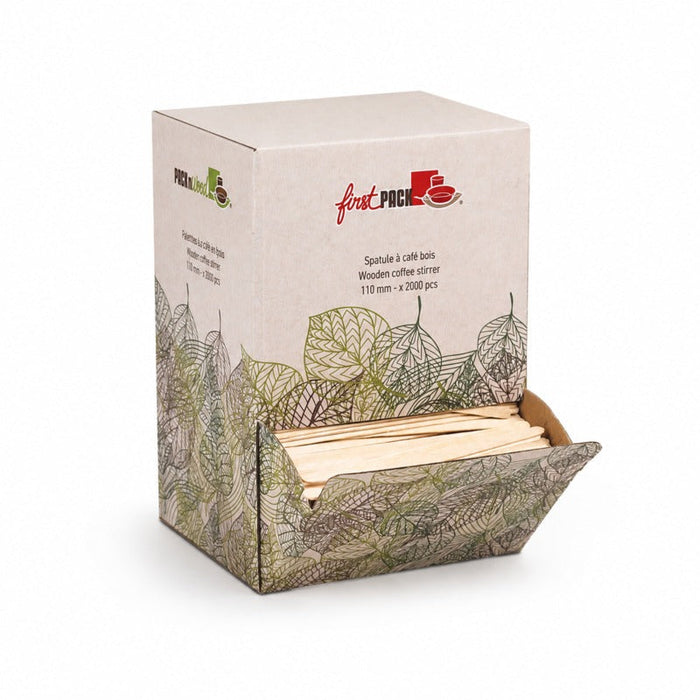 2000pcs - Spatule à café bois à bouts arrondis en boîte distributrice - 11 cm