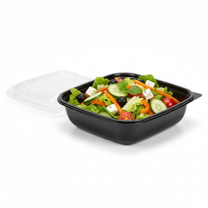 150pcs - Saladier carré plat en PET noir avec couvercle transparent - 1000 ml - 19 cm x 19 cm x 5,5 cm