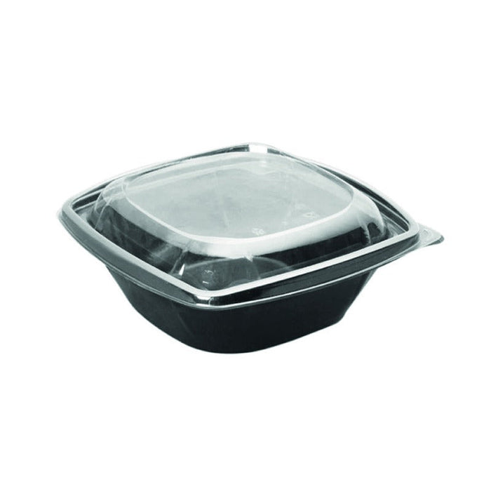 150pcs - Saladier carré plat en PET noir avec couvercle transparent - 1000 ml - 19 cm x 19 cm x 5,5 cm