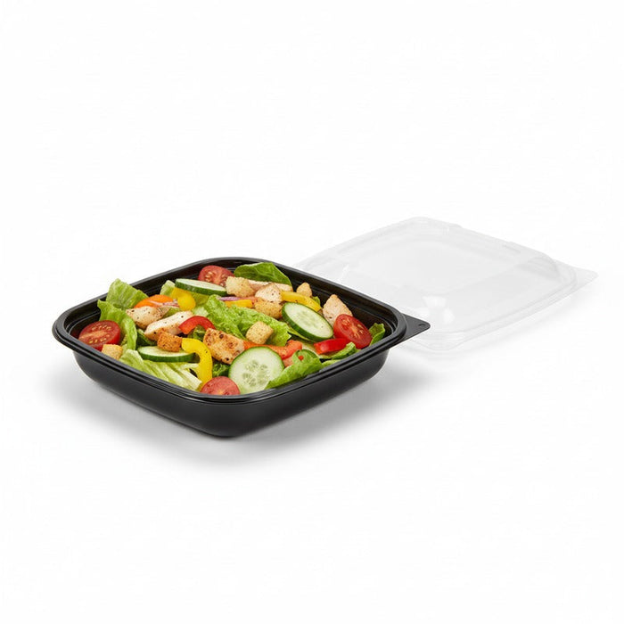 150pcs - Saladier carré plat en PET noir avec couvercle transparent - 750 ml - 19 cm x 19 cm x 4,5 cm