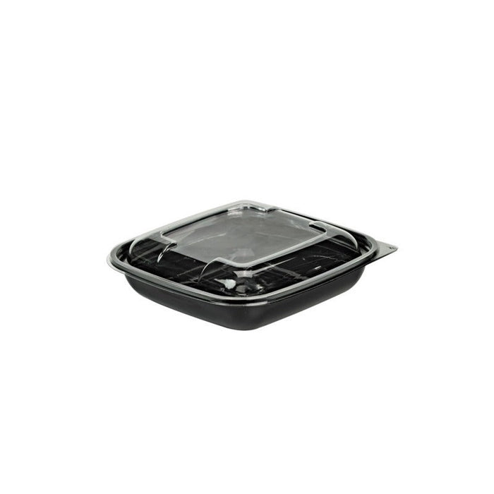 150pcs - Saladier carré plat en PET noir avec couvercle transparent - 750 ml - 19 cm x 19 cm x 4,5 cm
