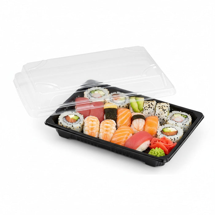 50pcs - Barquette sushi plastique PS noir avec couvercle PET transparent "Suky" - 17 cm x 12 cm x 4 cm