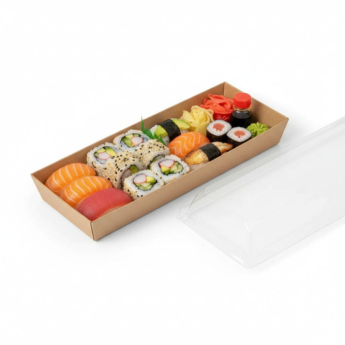 50pcs - Barquette à sushi en carton kraft brun avec couvercle PET transparent - 20,9 cm x 7,8 cm x 2,5 cm