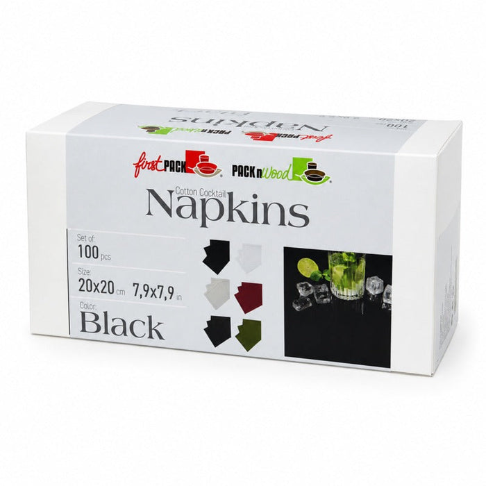 100pcs - Serviette cocktail coton noir - 20 cm x 20 cm