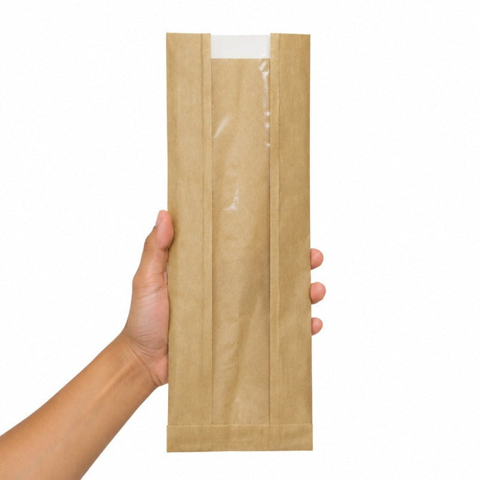 1000pcs - Sac papier kraft brun à fenêtre microperforée - 14 cm x 7 cm x 44 cm