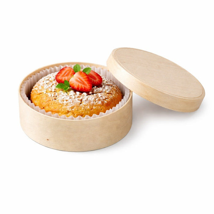 10pcs - Boîte ronde en bois FSC avec papier ingraissable pour cuisson au four - 252 ml - Ø 10 cm - H 4,2 cm