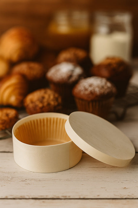 10pcs - Boîte ronde en bois FSC avec papier ingraissable pour cuisson au four - Ø 12 cm - H 5 cm