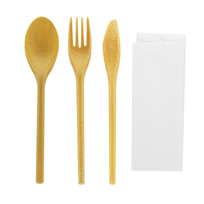 50pcs - Kit couverts 4/1 réutilisable bois composite emb kraft - 25 cm