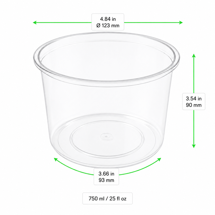 50pcs - Pot "Deli" rond en PP injecté transparent - 750 ml - Ø 12,3 cm - H 9 cm