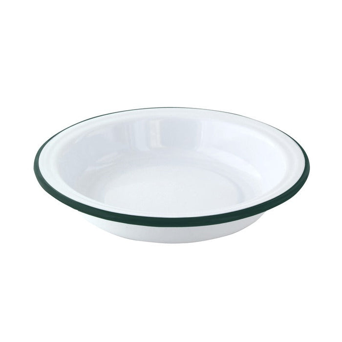 12pcs - Assiette creuse ronde en acier émaillé blanc à bord vert "Enamel" - 650 ml - Ø 20 cm