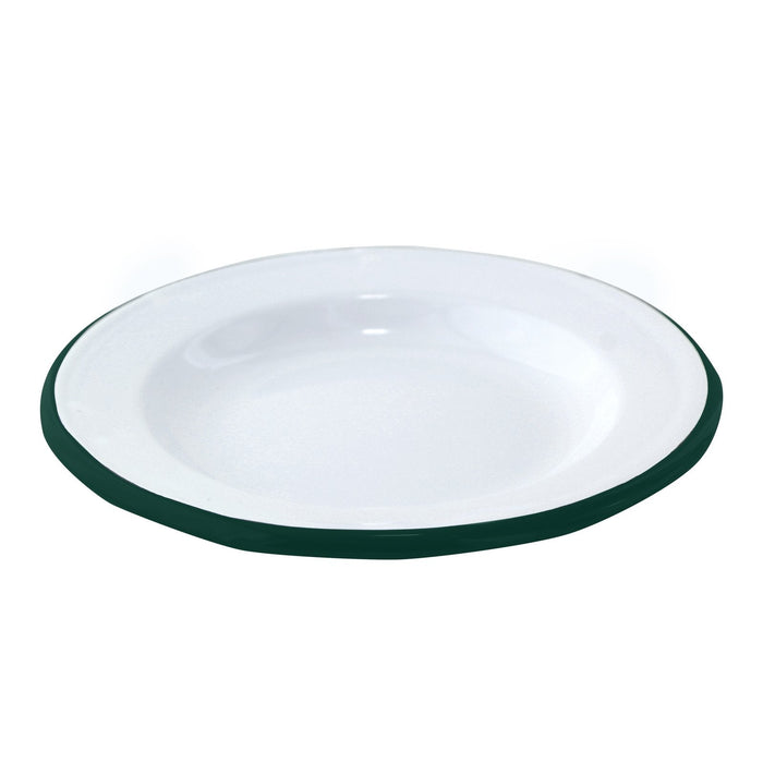12pcs - Assiette ronde en acier émaillé blanc à bord vert "Enamel" - Ø 16 cm