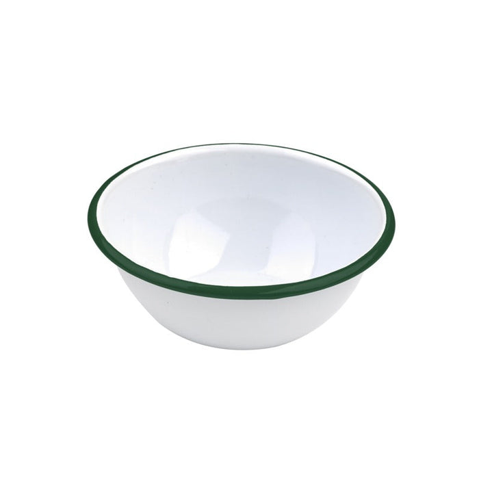 12pcs - Bol profond bords droits en acier émaillé blanc à bord vert "Enamel" - 550 ml - Ø 15,8 cm - H 6,5 cm