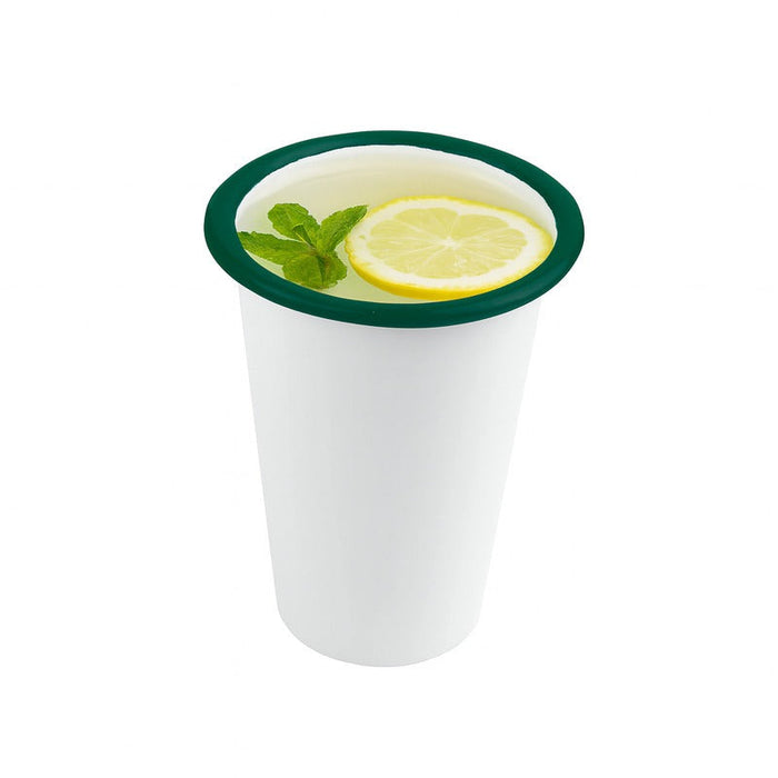 12pcs - Enamel gobelet acier émaillé blanc / bord vert - 300 ml - Ø 9 cm - H 9 cm