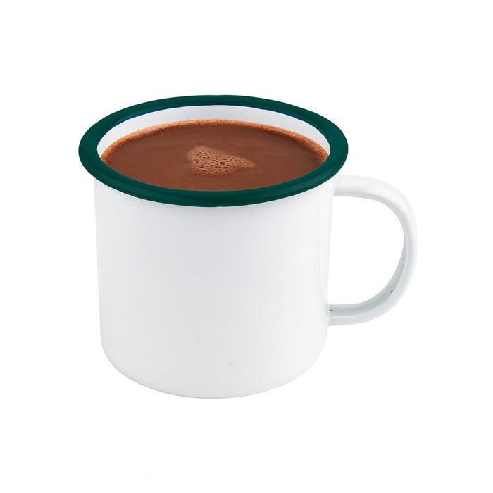 12pcs - Enamel mug acier émaillé blanc / bord vert - 350 ml - Ø 10 cm - H 7,5 cm