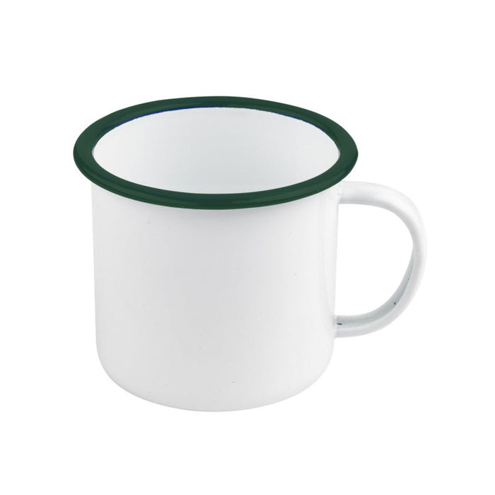 12pcs - Enamel mug acier émaillé blanc / bord vert - 350 ml - Ø 10 cm - H 7,5 cm