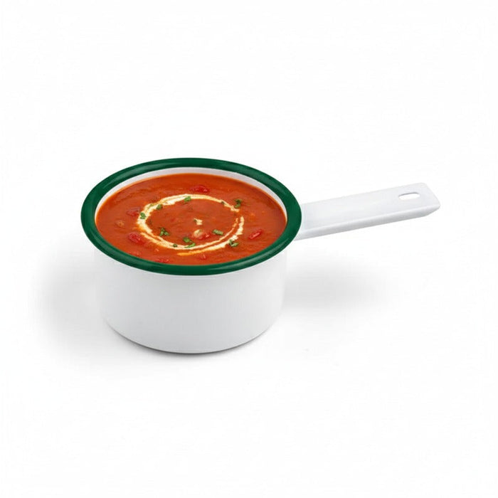 12pcs - Enamel mini casserole acier émaillé blanc / bord vert - 200 ml - Ø 9 cm - H 4,7 cm
