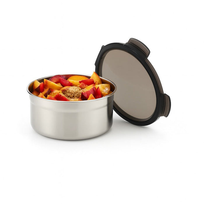 12pcs - Noxbox boîte ronde inox avec couvercle PP noir - 600 ml - Ø 13,7 cm - H 7,3 cm
