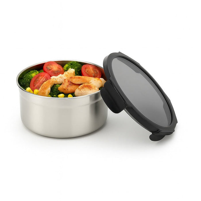 6pcs - Noxbox boîte ronde inox avec couvercle PP noir - 900 ml - Ø 15,5 cm - H 8 cm