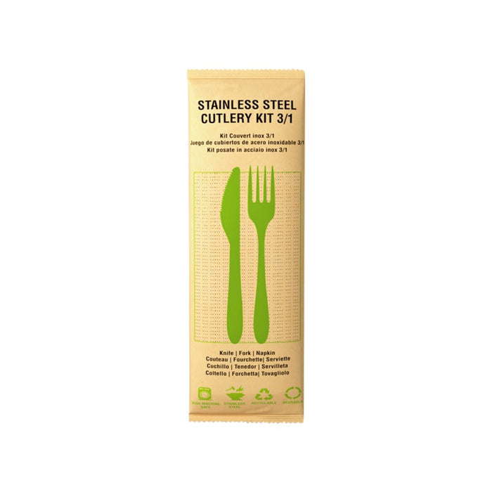 250pcs - Kit couverts en inox 3/1 "Noxcut" : couteau fourchette serviette, emballage papier - 23 cm