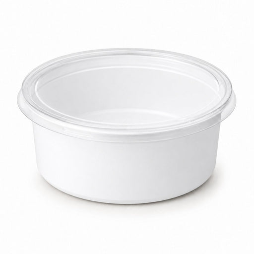 Pot à sauce rond blanc avec couvercle plat transparent - 120 ml - Ø 7,4 cm - H 4,5 cm
