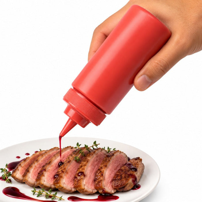 6pcs - Squeezer souple rouge 1 embout, plastique BPA free - 230 ml - H 18,5 cm