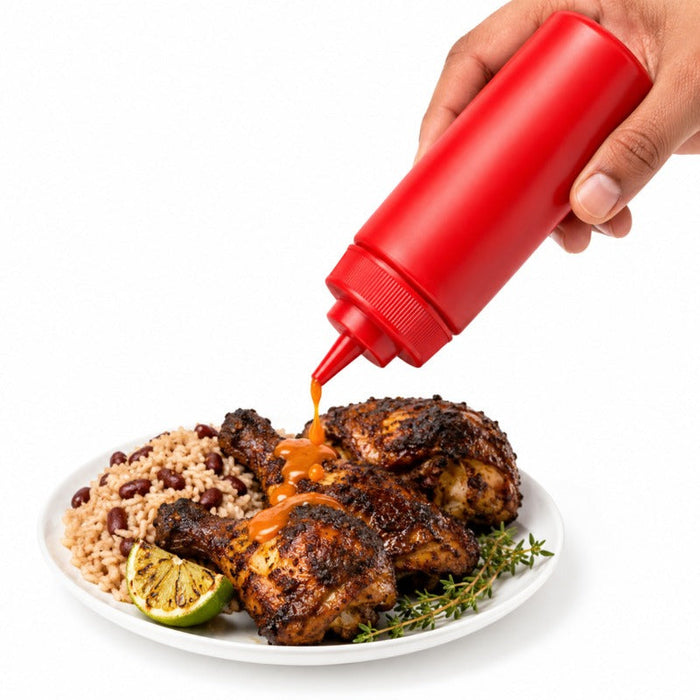 6pcs - Squeezer souple rouge 1 embout, plastique BPA free - 350 ml - H 19,5 cm