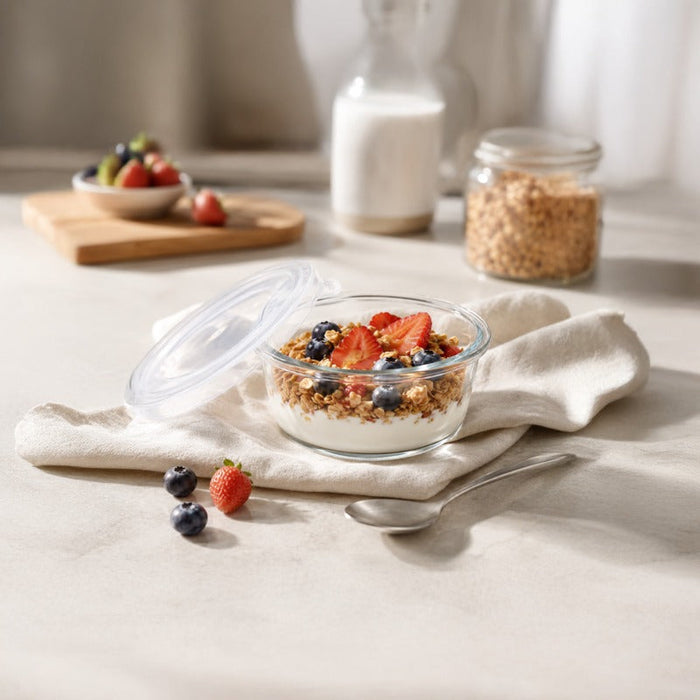36pcs - Bol rond en verre borosilicate avec couvercle en plastique PP "CookShow" - 390 ml - Ø 13 cm - H 6 cm