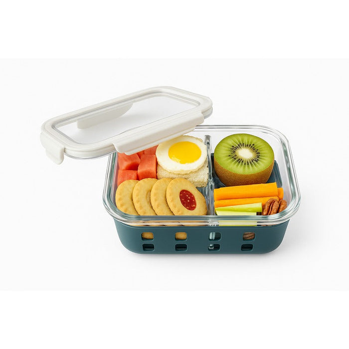 12pcs - Boîte rectangulaire compartimentée en verre borosilicate avec couvercle et protection silicone - 980 ml - 19,8 cm x 14,8 cm x 6 cm