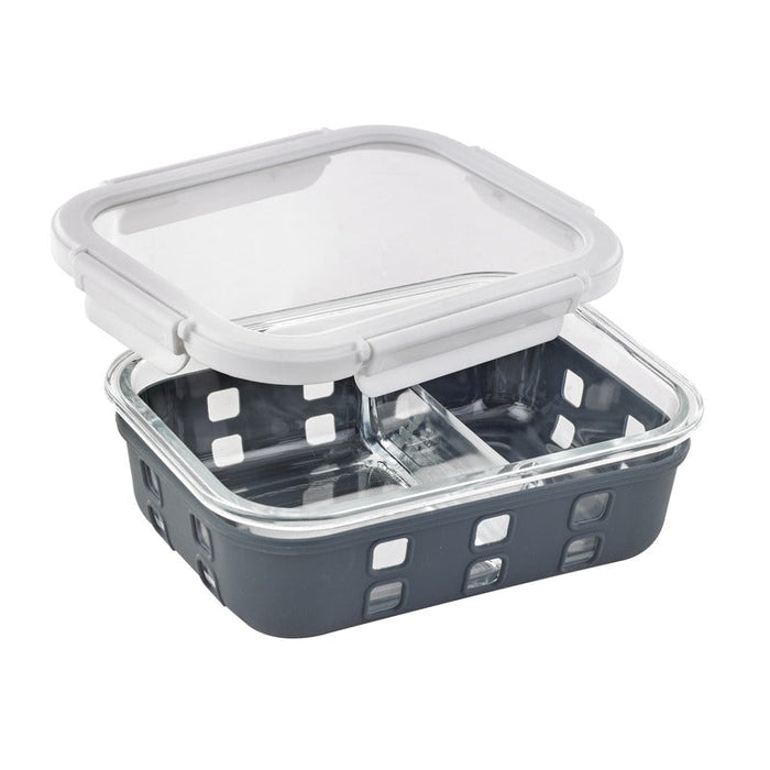 12pcs - Boîte rectangulaire compartimentée en verre borosilicate avec couvercle et protection silicone - 980 ml - 19,8 cm x 14,8 cm x 6 cm