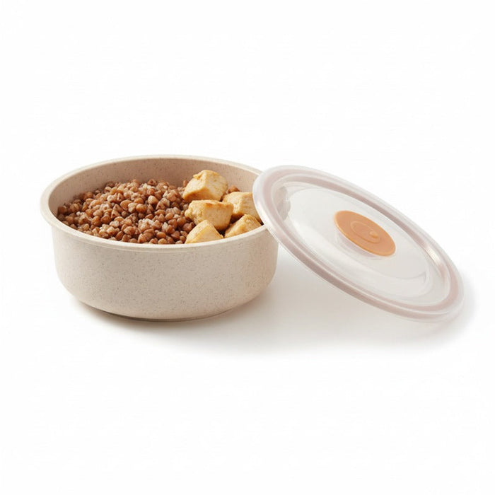30pcs - 500ml Ø13cm H6,5cm - Bol rond beige réemployable en composite avec couvercle en plastique PP "Huskly"