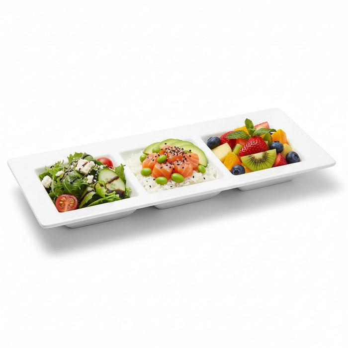 4pcs - 26x11cm - Assiette rectangulaire blanche en pulpe à 3 compartiments