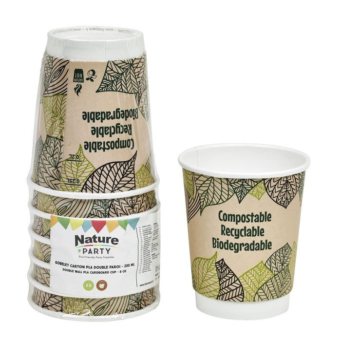 6pcs - Gobelet carton double paroi PLA - 230 ml - Ø 8 cm - H 9 cm