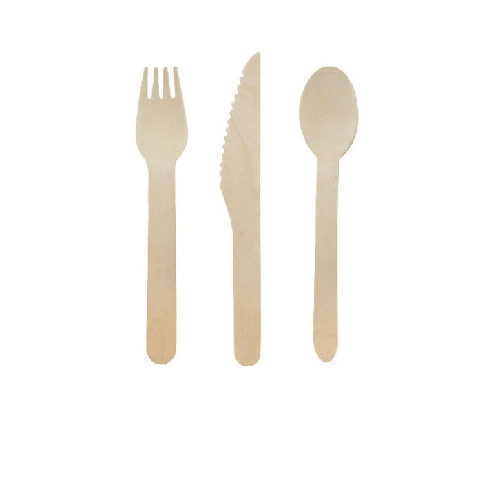 50pcs - Kit couverts bois 3/1: couteau fourchette cuillère, emballage kraft - 16,5 cm