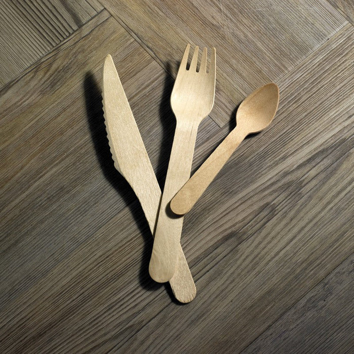 50pcs - Kit couverts bois 3/1: couteau fourchette cuillère, emballage kraft - 16,5 cm
