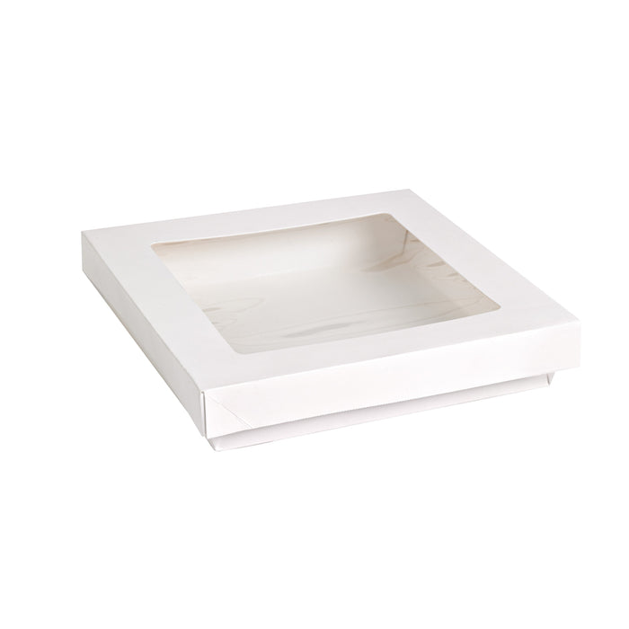 50pcs - Boîte "Kray" carrée carton blanc avec couvercle à fenêtre - 1450 ml - 20,5 cm x 20,5 cm x 4 cm