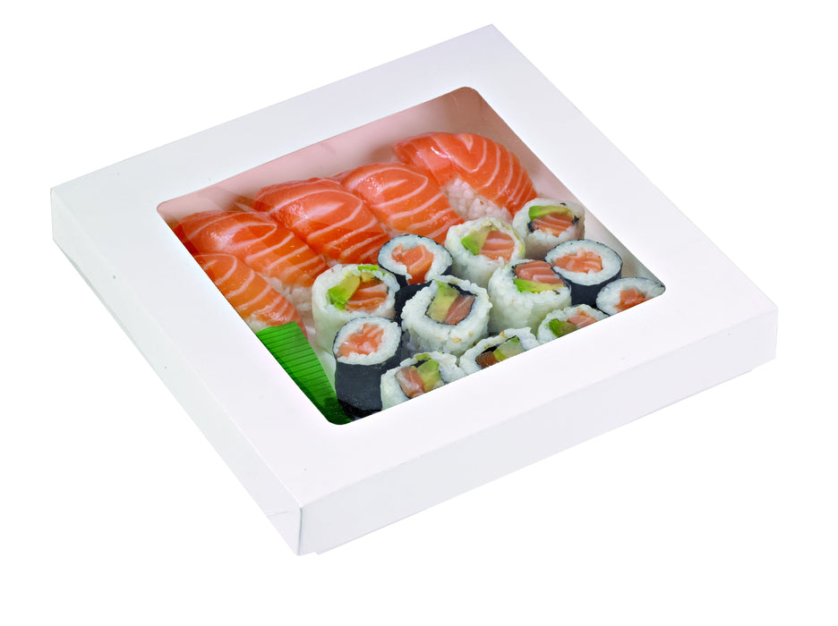 50pcs - Boîte "Kray" carrée carton blanc avec couvercle à fenêtre - 1450 ml - 20,5 cm x 20,5 cm x 4 cm