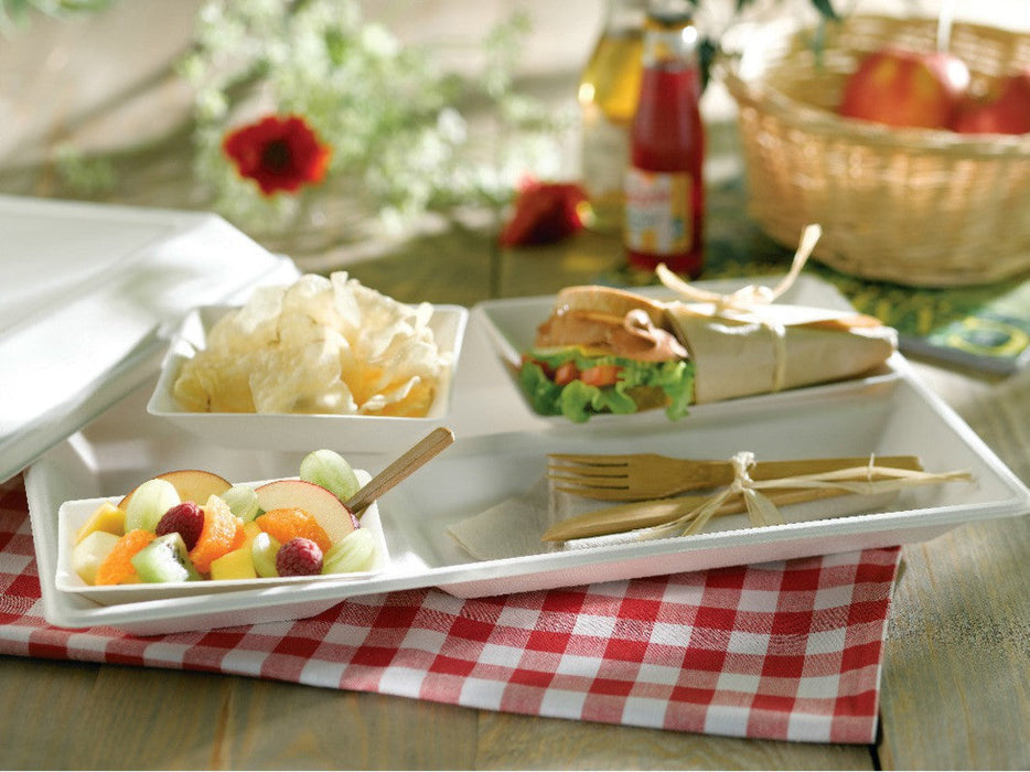 25pcs - Plateau repas blanc en pulpe 3 compartiments - 40 cm x 28 cm