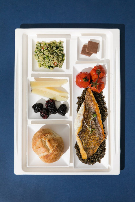 25pcs - Plateau repas blanc en pulpe 3 compartiments - 40 cm x 28 cm