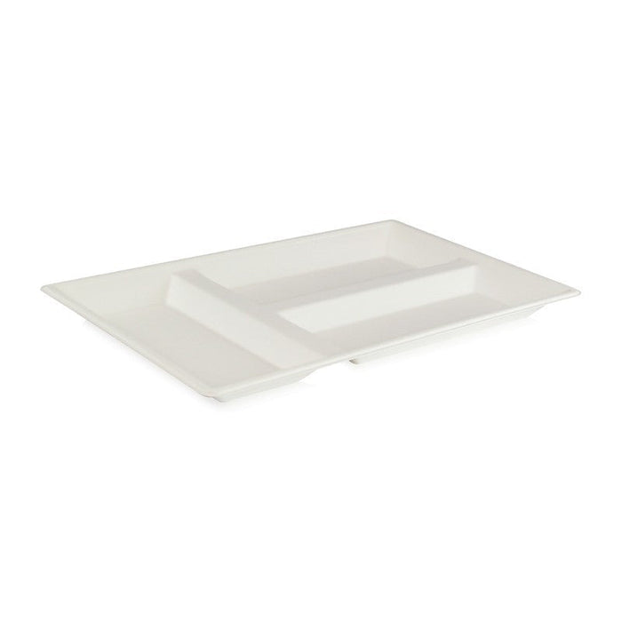 25pcs - Plateau repas blanc en pulpe 3 compartiments - 40 cm x 28 cm