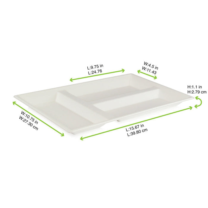 25pcs - Plateau repas blanc en pulpe 3 compartiments - 40 cm x 28 cm