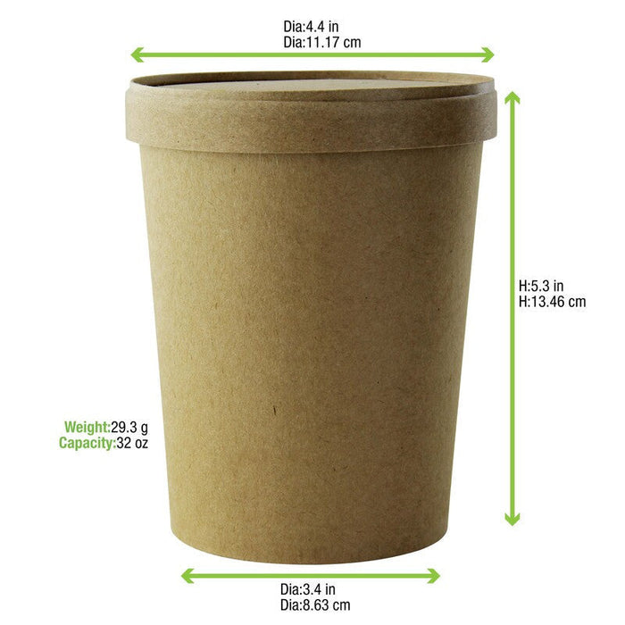 25pcs - Pot carton kraft brun chaud et froid avec couvercle carton - 940 ml - Ø 11,6 cm - H 13,5 cm