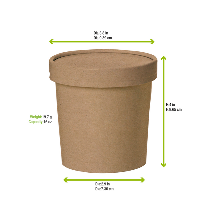 25pcs - Pot carton kraft brun chaud et froid avec couvercle carton - 490 ml - Ø 9,7 cm - H 9,5 cm