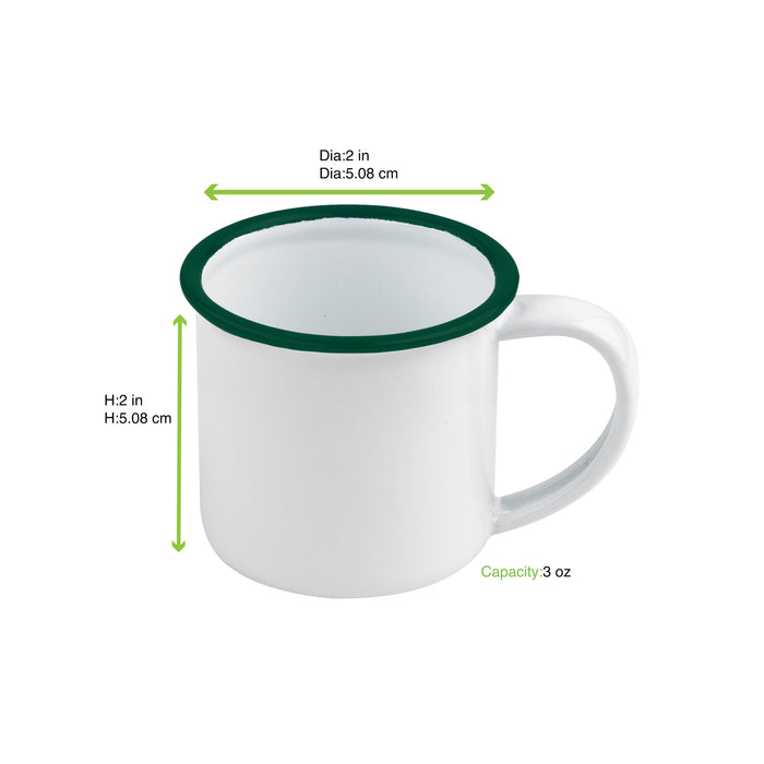 12pcs - 90ml Ø5cm H5cm - Enamel mini mug acier émaillé blanc / bord vert