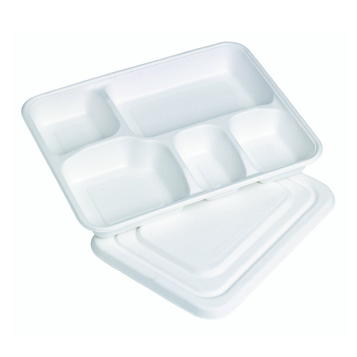 50pcs - Plateau repas blanc en pulpe 5 compartiments avec couvercle - 28,2 cm x 22 cm x 3,75 cm